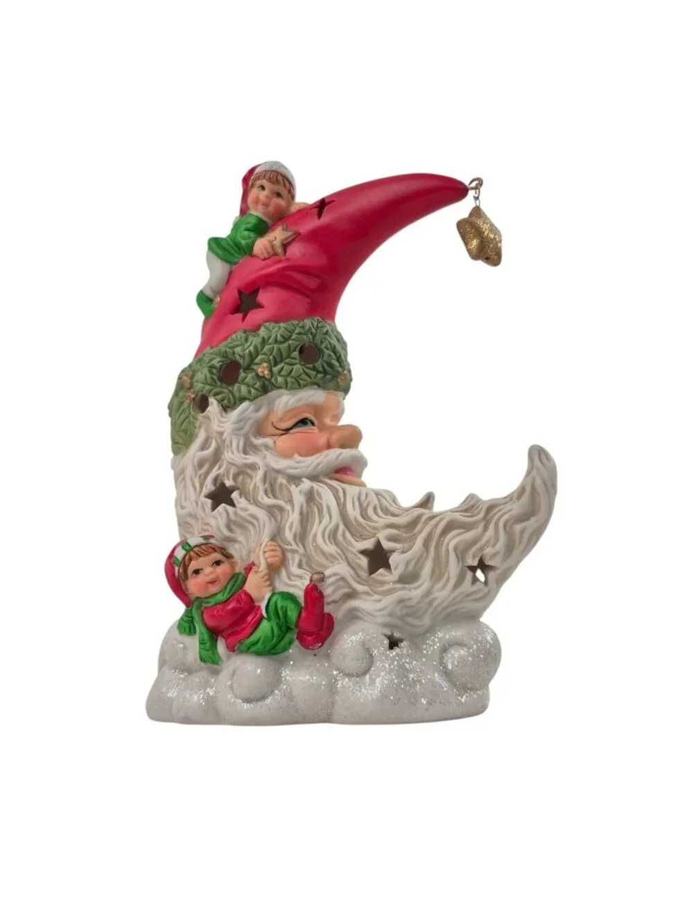 Santa Half Moon Tea Light Holder Ceramic Elves Star Cutouts Christmas Holiday